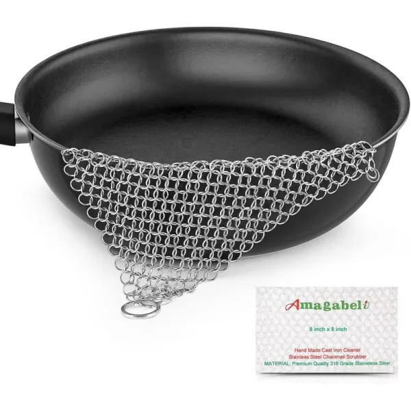 Amagabeli Cast Iron Cleaner 8"x6" Rectangle Chain Metal Scrubber with Hanging Ring 316 Premium Stainless Steel Chainmail Scrubber for Skillet,Wok,Pot,Pan CS03
