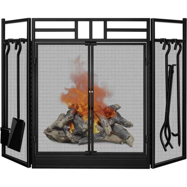 Amagabeli Garden Home 3 Panel Folding Fireplace Screen with Doors Large Flat Guard Tools Outdoor Metal Decorative Mesh Solid Wrought Iron Fire Place Wood Burning Stove Accessories Black