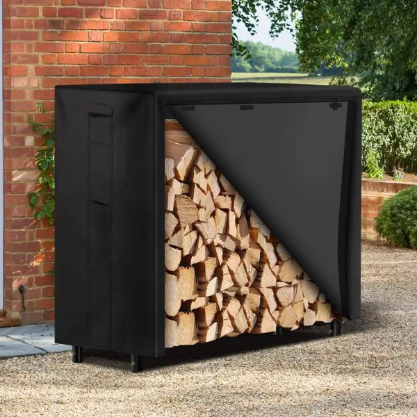 AMAGABELI GARDEN &amp; HOME 8ft Firewood Log Rack With Cover Combo Set Waterproof Outdoor Log Holder Fireplace Heavy Duty Wood Stacker Patio Pit Storage Steel Tubular Pile Rack Tool Accessories Black