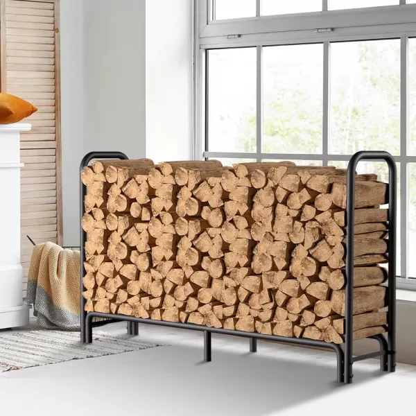 AMAGABELI GARDEN &amp; HOME 8ft Firewood Log Rack With Cover Combo Set Waterproof Outdoor Log Holder Fireplace Heavy Duty Wood Stacker Patio Pit Storage Steel Tubular Pile Rack Tool Accessories Black