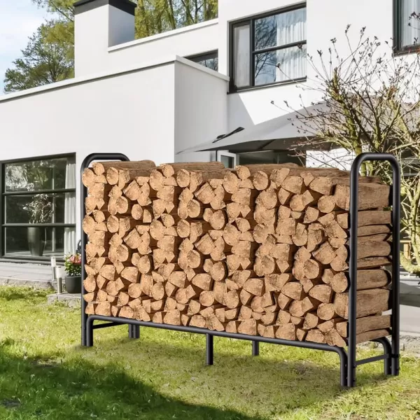 AMAGABELI GARDEN &amp; HOME 8ft Firewood Log Rack With Cover Combo Set Waterproof Outdoor Log Holder Fireplace Heavy Duty Wood Stacker Patio Pit Storage Steel Tubular Pile Rack Tool Accessories Black