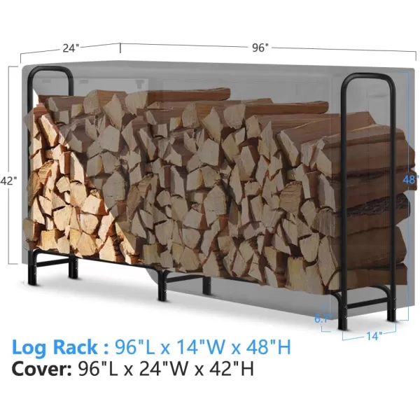 AMAGABELI GARDEN &amp; HOME 8ft Firewood Log Rack With Cover Combo Set Waterproof Outdoor Log Holder Fireplace Heavy Duty Wood Stacker Patio Pit Storage Steel Tubular Pile Rack Tool Accessories Black