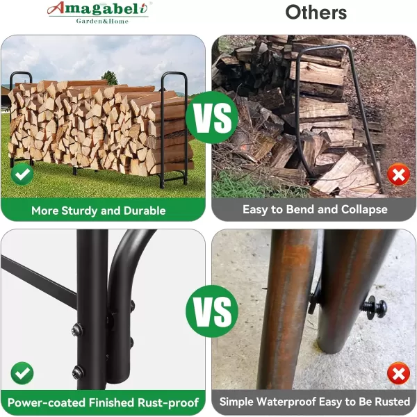 AMAGABELI GARDEN &amp; HOME 8ft Firewood Log Rack With Cover Combo Set Waterproof Outdoor Log Holder Fireplace Heavy Duty Wood Stacker Patio Pit Storage Steel Tubular Pile Rack Tool Accessories Black