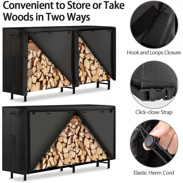 AMAGABELI GARDEN &amp; HOME 8ft Firewood Log Rack With Cover Combo Set Waterproof Outdoor Log Holder Fireplace Heavy Duty Wood Stacker Patio Pit Storage Steel Tubular Pile Rack Tool Accessories Black