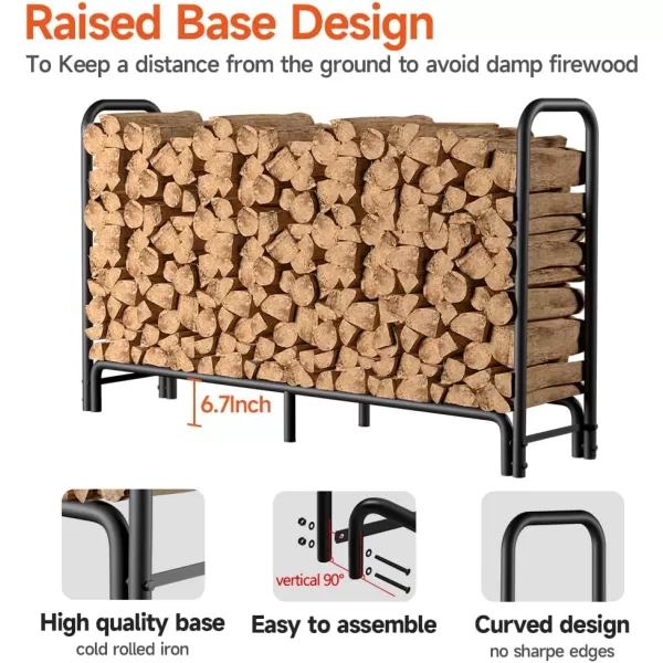 AMAGABELI GARDEN &amp; HOME 8ft Firewood Log Rack With Cover Combo Set Waterproof Outdoor Log Holder Fireplace Heavy Duty Wood Stacker Patio Pit Storage Steel Tubular Pile Rack Tool Accessories Black