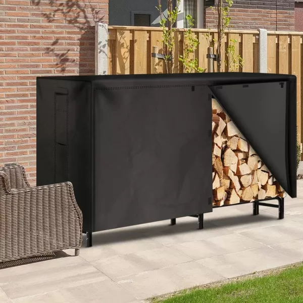 AMAGABELI GARDEN &amp; HOME 8ft Firewood Log Rack With Cover Combo Set Waterproof Outdoor Log Holder Fireplace Heavy Duty Wood Stacker Patio Pit Storage Steel Tubular Pile Rack Tool Accessories Black