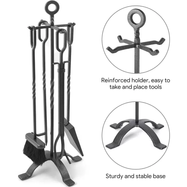 Amagabeli 5 Pieces Fireplace Tools Sets Wrought Iron Indoor Fireplace Set with Poker Tongs Broom Shovel Stand Fire Tools Outdoor Rustic Fire Poker Set Fire Place Hearth Accessories Sets Antique Pewter
