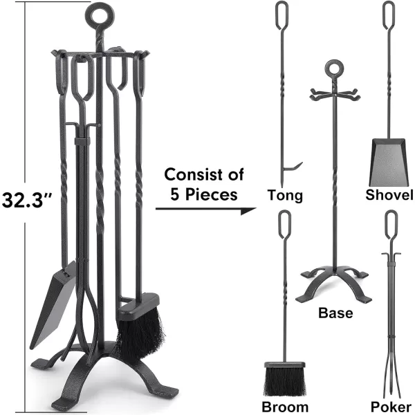 Amagabeli 5 Pieces Fireplace Tools Sets Wrought Iron Indoor Fireplace Set with Poker Tongs Broom Shovel Stand Fire Tools Outdoor Rustic Fire Poker Set Fire Place Hearth Accessories Sets Antique Pewter