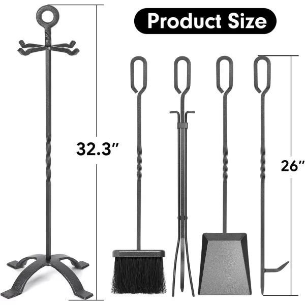 Amagabeli 5 Pieces Fireplace Tools Sets Wrought Iron Indoor Fireplace Set with Poker Tongs Broom Shovel Stand Fire Tools Outdoor Rustic Fire Poker Set Fire Place Hearth Accessories Sets Antique Pewter