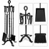 imageAMAGABELI GARDEN ampamp HOME 5 Pieces Fireplace Tools Set Indoor Wrought Iron Fire Place Pit Large Poker Wood Stove Log Firewood Tongs Holder with Handles Modern Black Outdoor Accessories KitBlack