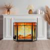 imageAMAGABELI GARDEN ampamp HOME Fireplace Screen with Door and Tools Set 48quot W x 32quot H 3 Panel Folding Large Fire Screen Cover Indoor Decorative Metal Mesh Wrought Iron Spark Guard Black Poker Shovel BroomBlack