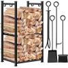 imageAMAGABELI GARDEN ampamp HOME Firewood Rack Indoor with Fireplace Tools Set Log Holder Wood Rack Outdoor Log Rack Storage Tongs Poker Brush Shovel Bin Stacking Black Wrought Iron Accessories Kit