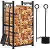 imageAMAGABELI GARDEN ampamp HOME Firewood Rack Indoor with Fireplace Tools Set Log Holder Wood Rack Outdoor Log Rack Storage Tongs Poker Brush Shovel Bin Stacking Black Wrought Iron Accessories Kit