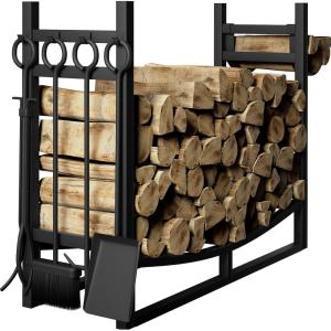 imageAMAGABELI GARDEN ampamp HOME 307in Large Firewood Rack With Fireplace Tools Set Wrought Iron Indoor Outdoor Kindling Log Holder Heavy Duty Wide Wood Storage Log Rack Accessories Shovel Poker Tongs Broom