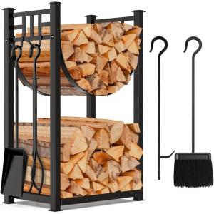 imageAMAGABELI GARDEN ampamp HOME 316in Large Firewood Rack Fireplace Tools Set Wood Holder Indoor log Rack With Tools Tall for Wood Stove Firepit Campfire Storage Stacking Wrought Iron Accessories Outdoor