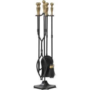 imageAMAGABELI GARDEN ampamp HOME 5 Pcs Fireplace Tools Brass Handles Wrought Iron Set Holder Indoor Outdoor Fireset Fire Pit Stand Rustic Tongs Shovel Brush Chimney Poker Wood Stove Hearth Accessories Kit LrgBrass
