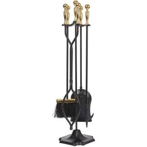 imageAMAGABELI GARDEN ampamp HOME 5 Pcs Fireplace Tools Brass Handles Wrought Iron Set Holder Indoor Outdoor Fireset Fire Pit Stand Rustic Tongs Shovel Brush Chimney Poker Wood Stove Hearth Accessories Kit LrgGolden