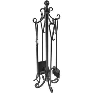 imageAMAGABELI GARDEN ampamp HOME 5 Pieces Fireplace Tools Set Black Cast Wrought Iron Tool Set with Log Holder Fire Set Stand Scroll Rustic Antique Accessories Set