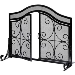 imageAMAGABELI GARDEN ampamp HOME Fireplace Screen with Doors Large Flat Guard Fire Screens Outdoor Metal Furnace Fireguards Mesh Solid Wrought Iron Fire Place Panels Wood Burning Stove Accessories Black