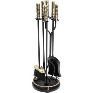 imageAMAGABELI GARDEN ampamp HOME Fireplace Tools Set 5 Pcs Wrought Iron Indoor with Stand for Fire Place Kit Holder Wood Stove Hearth Accessories Chimney Fire Pit Tongs Shovel Brush Poker Fireset Outdoor BrassBlack Gold
