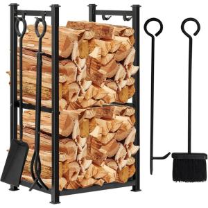 imageAMAGABELI GARDEN ampamp HOME Firewood Rack Indoor with Fireplace Tools Set Log Holder Wood Rack Outdoor Log Rack Storage Tongs Poker Brush Shovel Bin Stacking Black Wrought Iron Accessories Kit