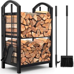 imageAMAGABELI GARDEN ampamp HOME Firewood Rack with Tools 5Piece Indoor Fireplace Wood Holders Log Holder Rack Lumber Storage Stacking Stove Wrought Iron Large Logs Fireplace Tools Set Black