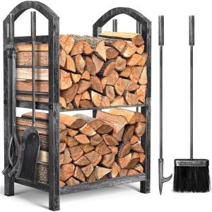 imageAMAGABELI GARDEN ampamp HOME Firewood Rack with Tools 5Piece Indoor Fireplace Wood Holders Outdoor Log Holder Rack Lumber Storage Stacking Stove Wrought Iron Large Logs Fireplace Tools Set BlackAntique silver