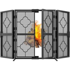imageAmagabeli 48 x 28 Inch Fireplace Screen with Doors 3 Panel Foldable Wrought Iron Furnace Fireguards Fireplace Cover Free Standing Large Screen for Fireplace Wood Burning Metal Mesh Fire Spark BlackSize 1