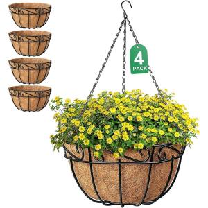 imageAMAGABELI GARDEN ampamp HOME 4 Pack 14 Inch Plant Hanging Baskets Metal for Flowers Round Outdoor Hanging Pots Holder Hanger Metal with Coco Liner Chain Large Artificial Plants Decoration Black Basket14Black