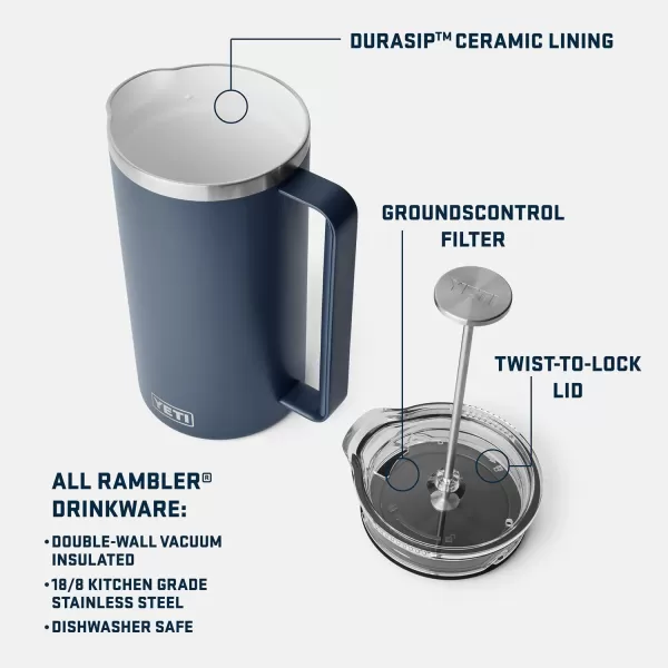 YETI Rambler 34 oz. French Press Coffee Maker, with GroundsControl Filter, Rescue Red