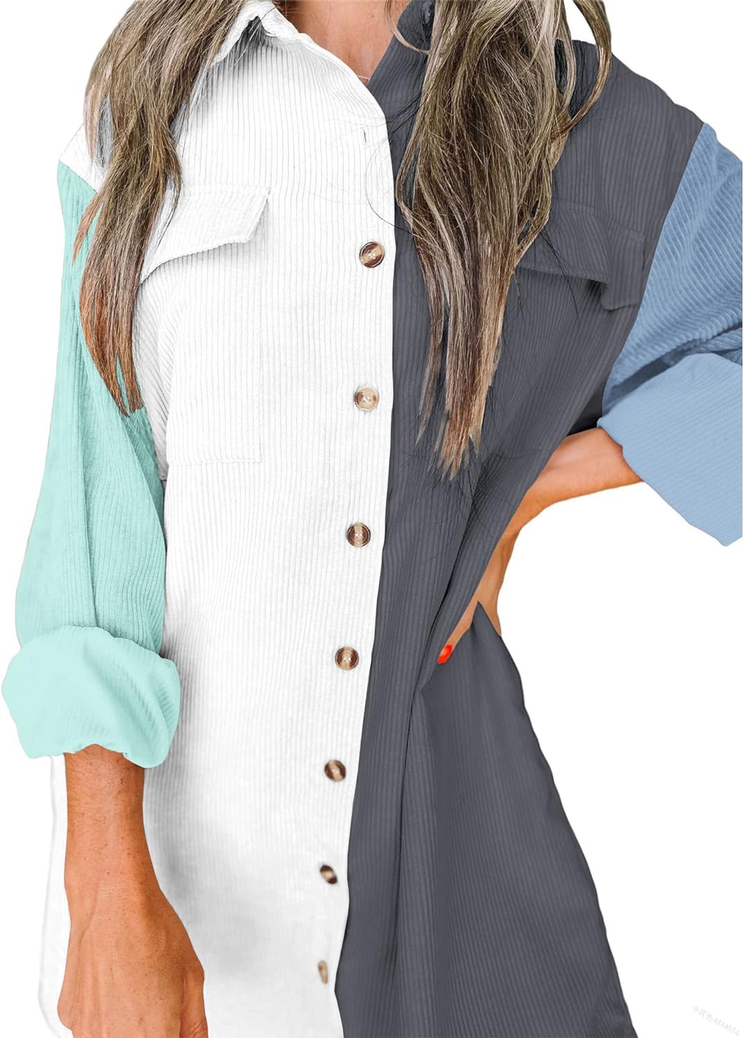 imageBTFBM Womens Corduroy Shacket Jacket Shirts Lapel Long Sleeve Oversized 2023 Fall Winter Button Down Shirt Dress PocketColorblock Blue