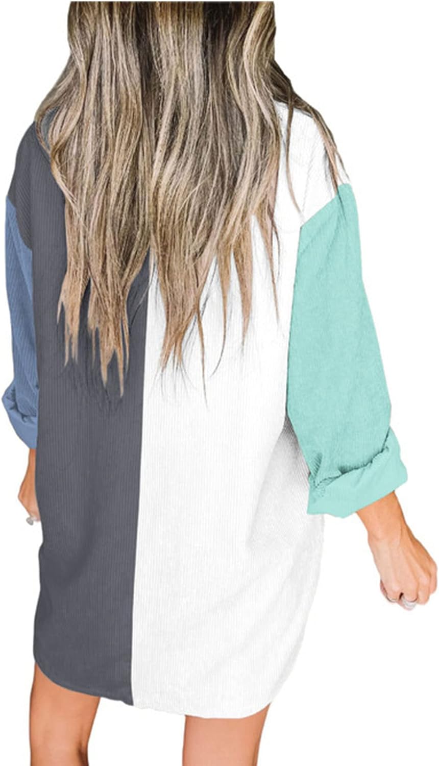imageBTFBM Womens Corduroy Shacket Jacket Shirts Lapel Long Sleeve Oversized 2023 Fall Winter Button Down Shirt Dress PocketColorblock Blue
