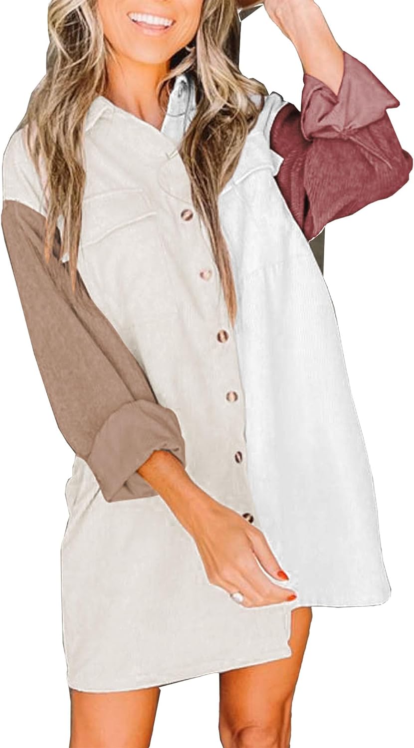 imageBTFBM Womens Corduroy Shacket Jacket Shirts Lapel Long Sleeve Oversized 2023 Fall Winter Button Down Shirt Dress PocketColorblock Brown