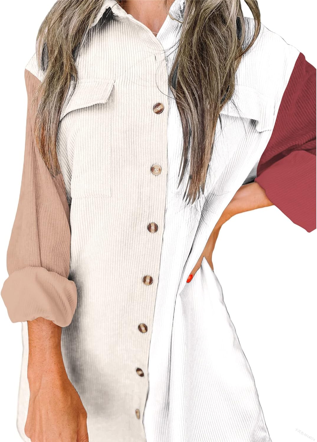 imageBTFBM Womens Corduroy Shacket Jacket Shirts Lapel Long Sleeve Oversized 2023 Fall Winter Button Down Shirt Dress PocketColorblock Brown