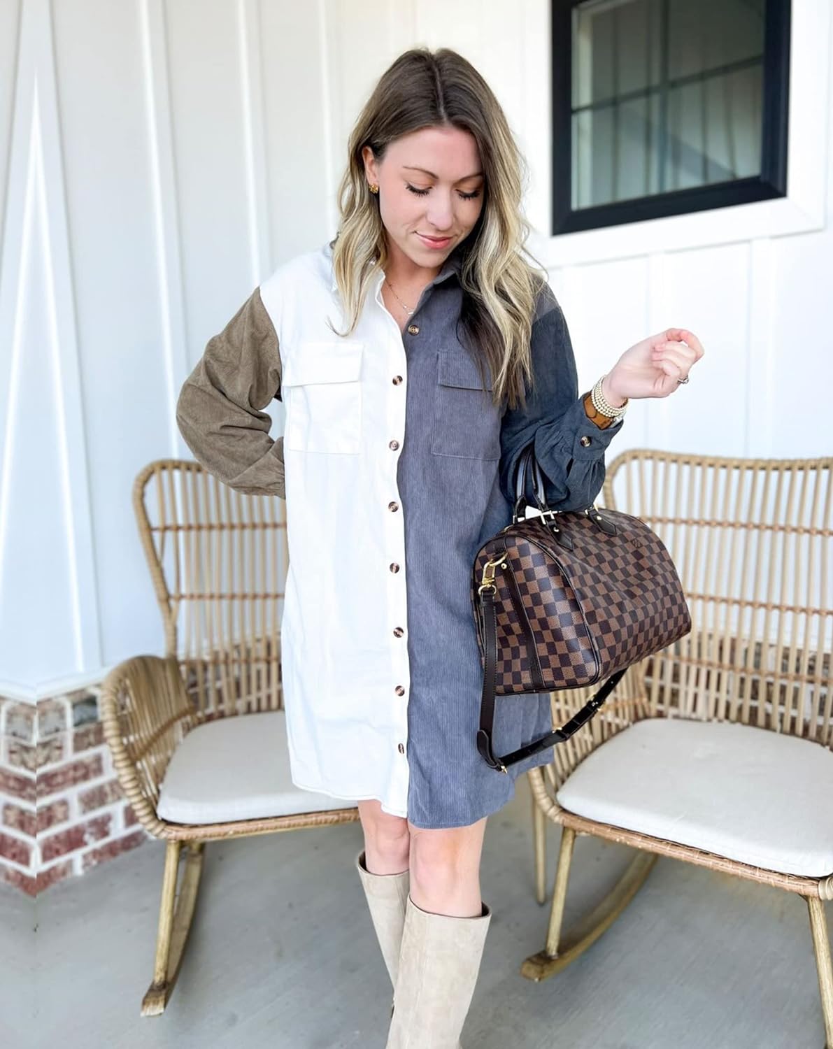 imageBTFBM Womens Corduroy Shacket Jacket Shirts Lapel Long Sleeve Oversized 2023 Fall Winter Button Down Shirt Dress PocketColorblock Grey