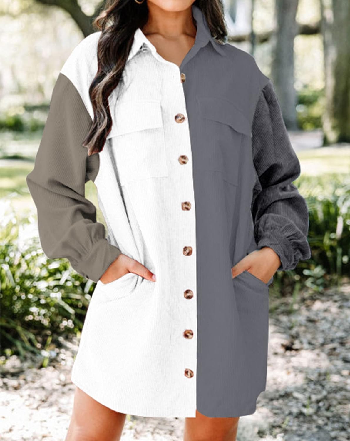 imageBTFBM Womens Corduroy Shacket Jacket Shirts Lapel Long Sleeve Oversized 2023 Fall Winter Button Down Shirt Dress PocketColorblock Grey