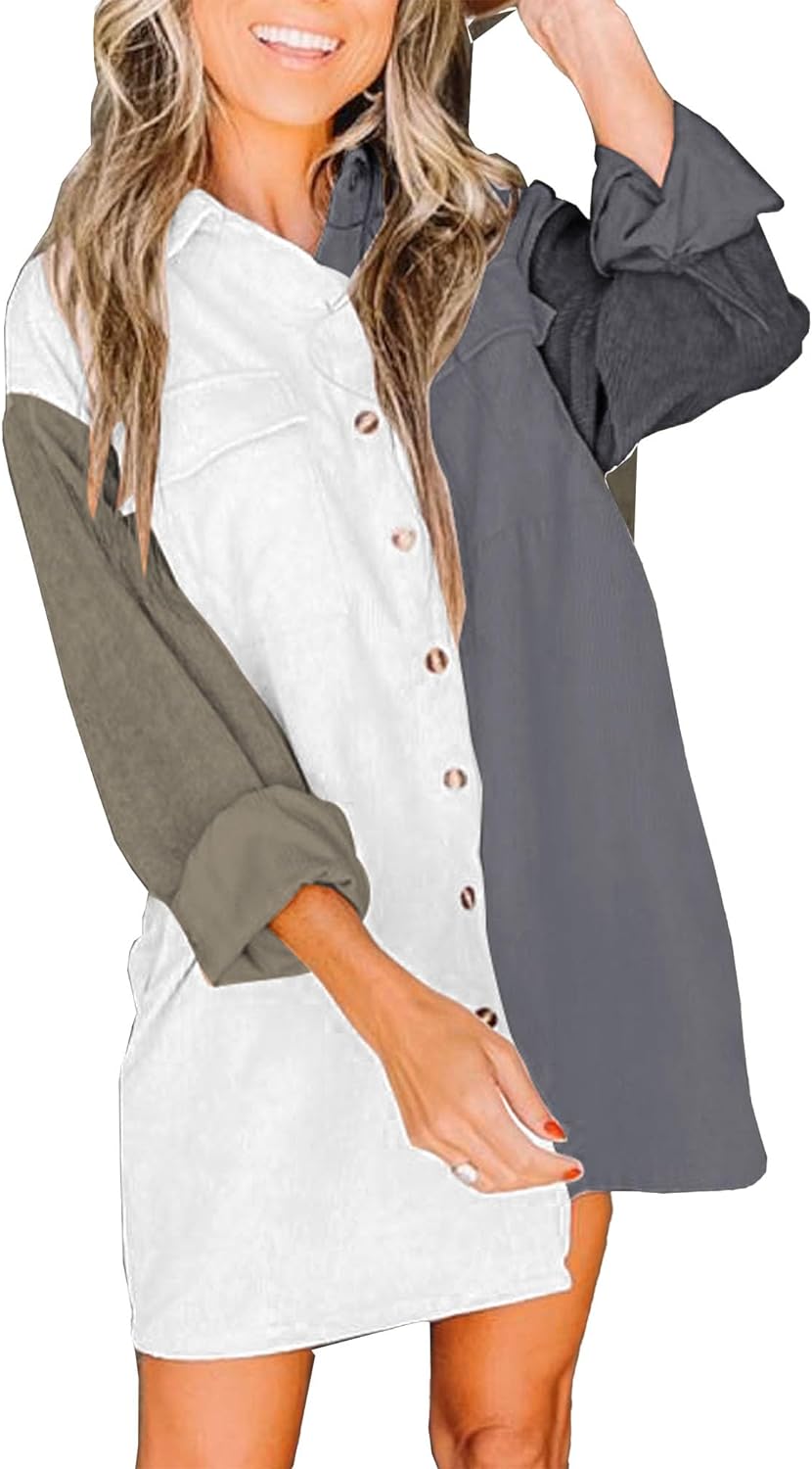 imageBTFBM Womens Corduroy Shacket Jacket Shirts Lapel Long Sleeve Oversized 2023 Fall Winter Button Down Shirt Dress PocketColorblock Grey