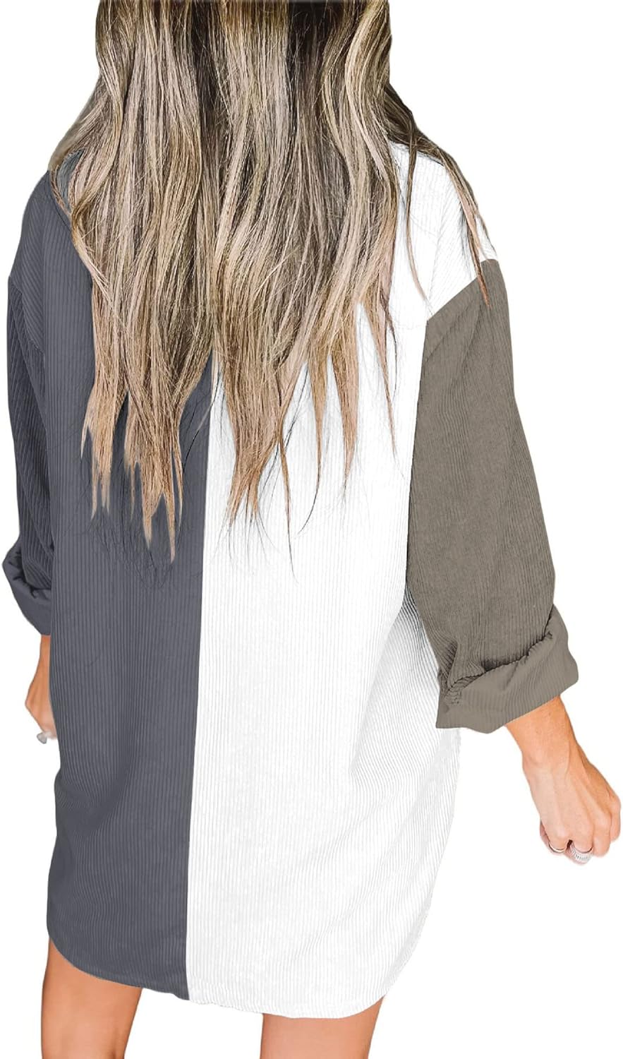imageBTFBM Womens Corduroy Shacket Jacket Shirts Lapel Long Sleeve Oversized 2023 Fall Winter Button Down Shirt Dress PocketColorblock Grey