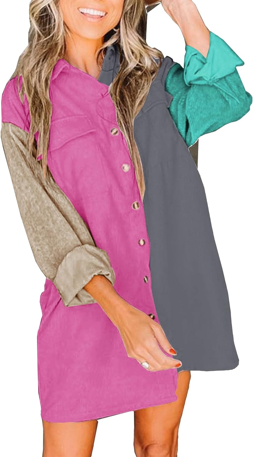 imageBTFBM Womens Corduroy Shacket Jacket Shirts Lapel Long Sleeve Oversized 2023 Fall Winter Button Down Shirt Dress PocketColorblock Grey Pink