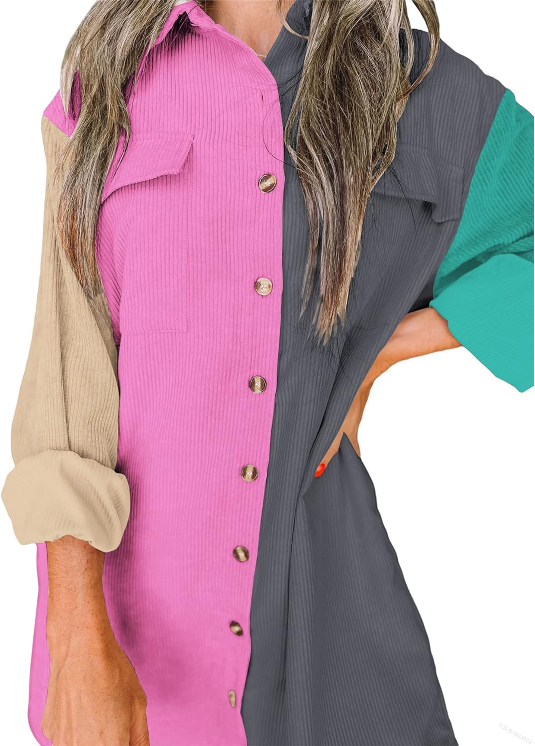 imageBTFBM Womens Corduroy Shacket Jacket Shirts Lapel Long Sleeve Oversized 2023 Fall Winter Button Down Shirt Dress PocketColorblock Grey Pink