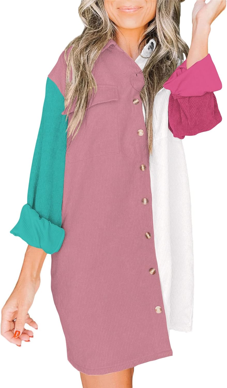 imageBTFBM Womens Corduroy Shacket Jacket Shirts Lapel Long Sleeve Oversized 2023 Fall Winter Button Down Shirt Dress PocketColorblock Pink