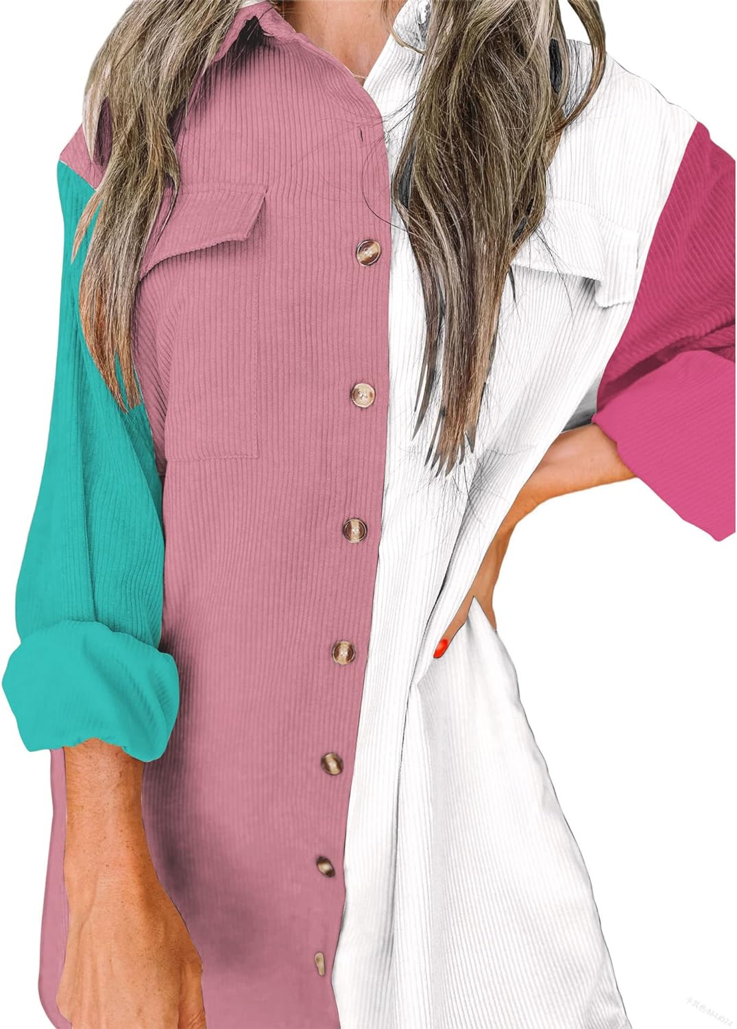 imageBTFBM Womens Corduroy Shacket Jacket Shirts Lapel Long Sleeve Oversized 2023 Fall Winter Button Down Shirt Dress PocketColorblock Pink