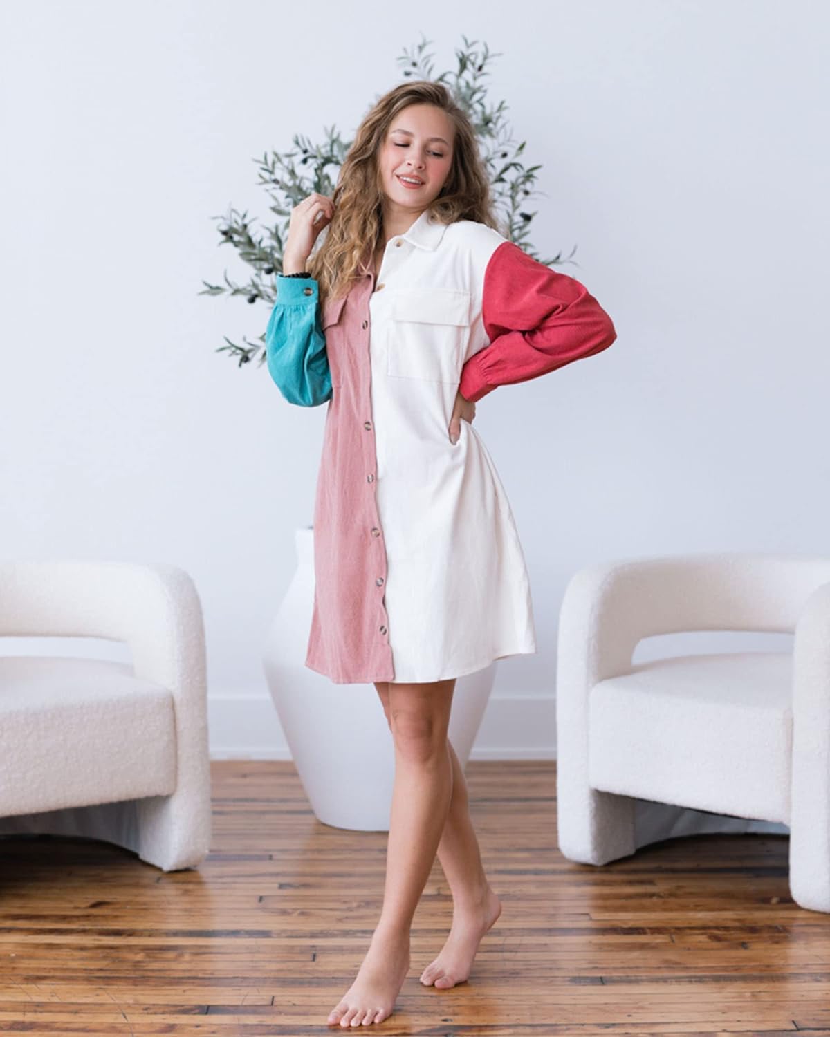 imageBTFBM Womens Corduroy Shacket Jacket Shirts Lapel Long Sleeve Oversized 2023 Fall Winter Button Down Shirt Dress PocketColorblock Pink