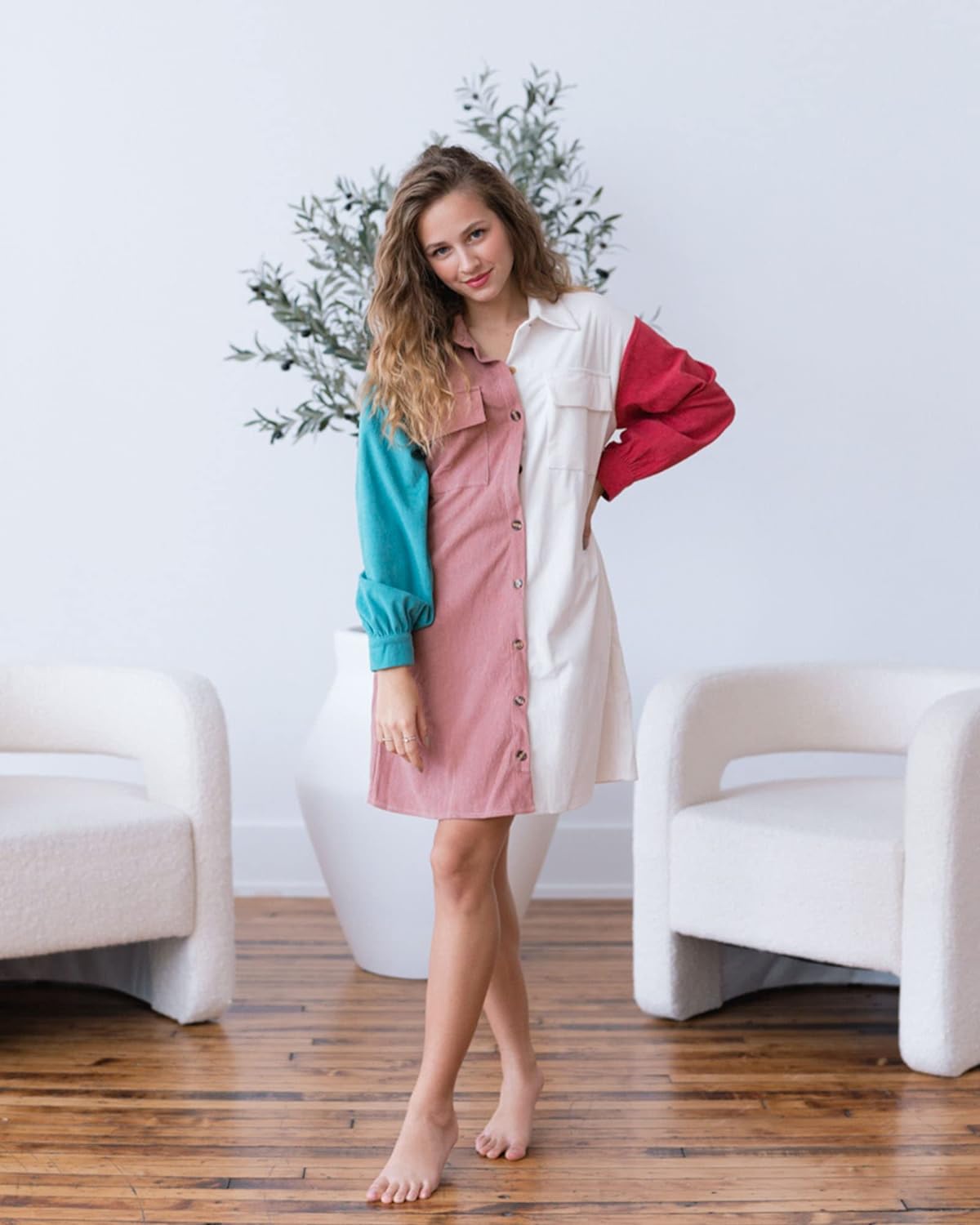 imageBTFBM Womens Corduroy Shacket Jacket Shirts Lapel Long Sleeve Oversized 2023 Fall Winter Button Down Shirt Dress PocketColorblock Pink