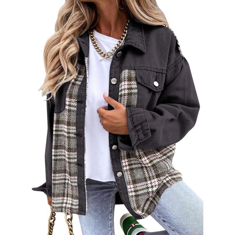 imageBTFBM 2023 Womens Button Down Denim Jackets Long Sleeve Lapel Casual Fall Shirts Shackets Plaid Jacket With PocketsPlaid Grey