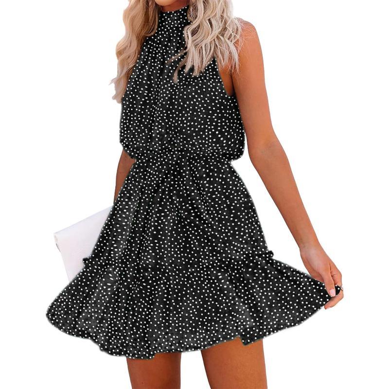 imageBTFBM Women 2023 Summer Halter Neck Dresses Sleeveless Casual Floral Polka Dot Leopard Print Short Boho Ruffle SundressPolka Dot Black