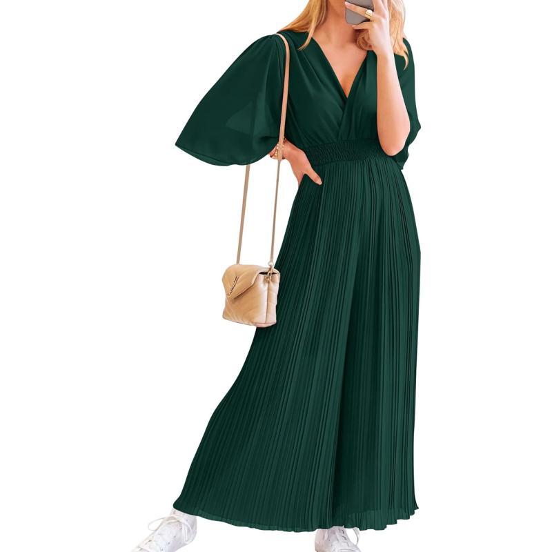 imageBTFBM Women Chiffon Wrap V Neck Summer Jumpsuit Spring Mesh Half Sleeve Elastic Waist Pleated Wide Leg Long Pants RomperSolid Dark Green