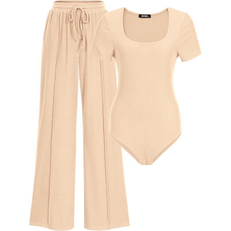 imageBTFBM Womens Casual 2 Pieces Outfits Square Neck Short Sleeve Shapewear Bodysuit Drawstring Pants Knit Matching SetsSolid Beige