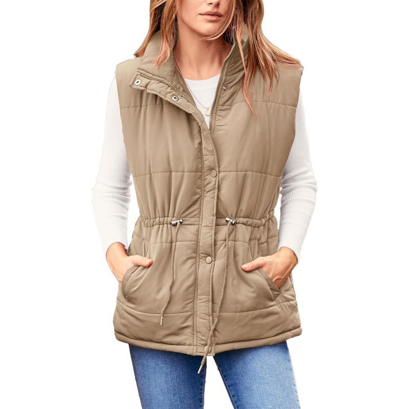 imageBTFBM Womens Casual Outerwear Vest Button Down Zip Up Padded Gilet Drawstring Sleeveless Jackets Coats with PocketsSolid Khaki