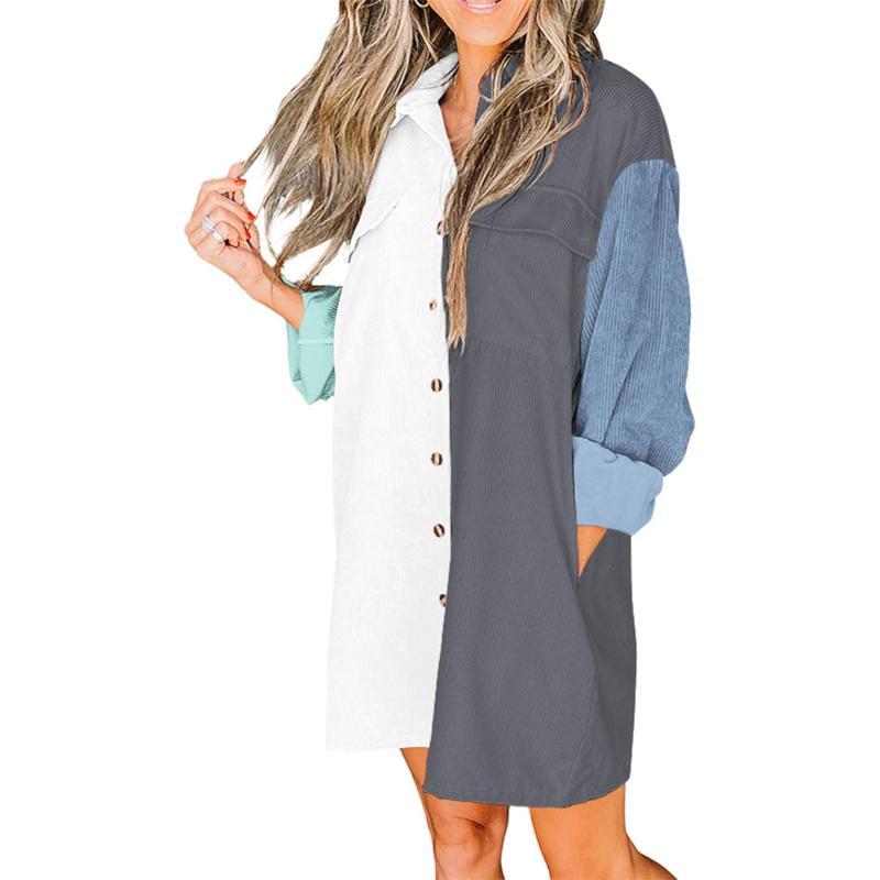 imageBTFBM Womens Corduroy Shacket Jacket Shirts Lapel Long Sleeve Oversized 2023 Fall Winter Button Down Shirt Dress PocketColorblock Blue